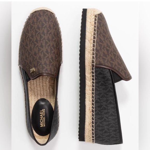 MICHAEL KORS HASTINGS MK PRINT GOLD PLATFORM ESPADRILLES Black Brown Size 9 - Picture 3 of 15